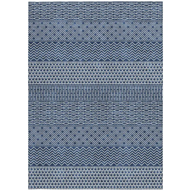 5' X 8' Navy Blue And Ivory Chevron Washable Indoor Outdoor Area Rug