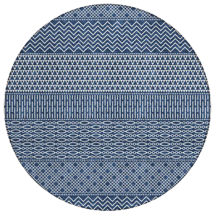 8' Navy Blue And Ivory Round Chevron Washable Indoor Outdoor Area Rug