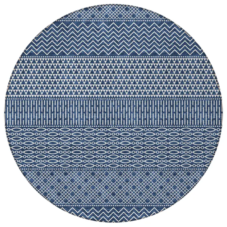 8' Navy Blue And Ivory Round Chevron Washable Indoor Outdoor Area Rug