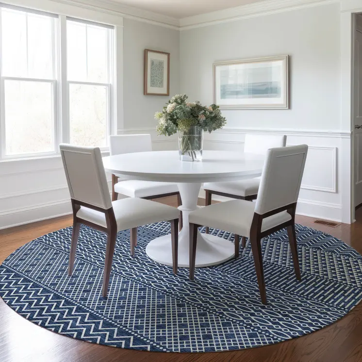 8' Navy Blue And Ivory Round Chevron Washable Indoor Outdoor Area Rug