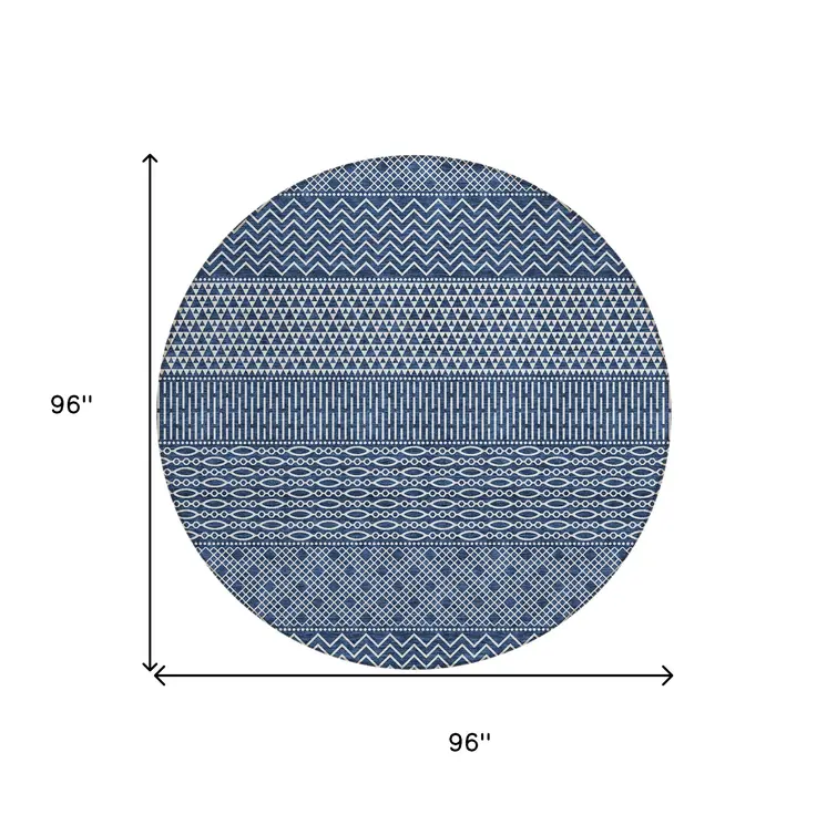 8' Navy Blue And Ivory Round Chevron Washable Indoor Outdoor Area Rug