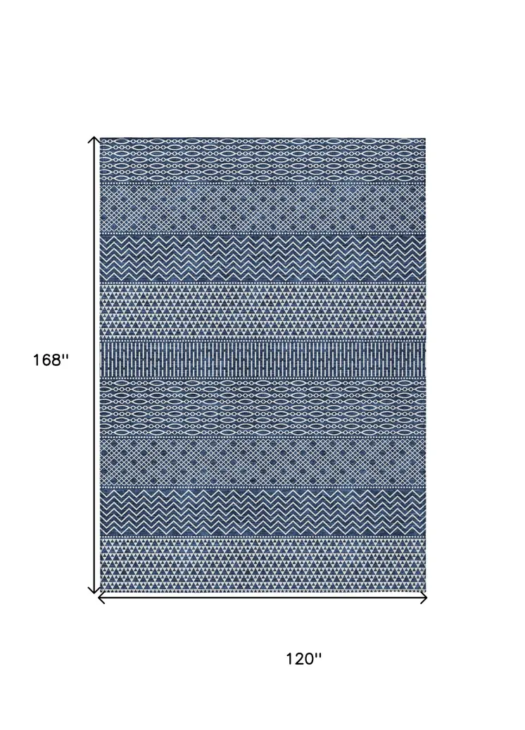 10' X 14' Navy Blue And Ivory Chevron Washable Indoor Outdoor Area Rug