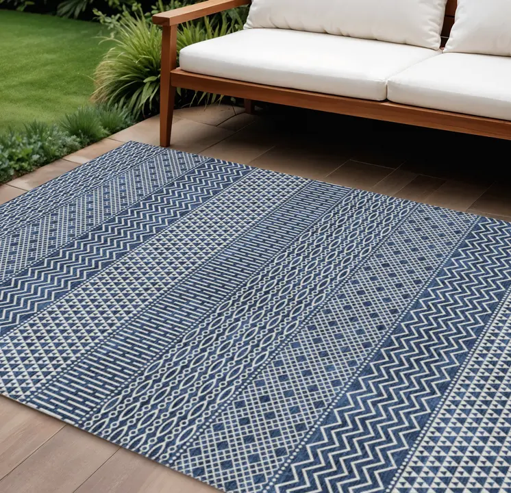 10' X 14' Navy Blue And Ivory Chevron Washable Indoor Outdoor Area Rug