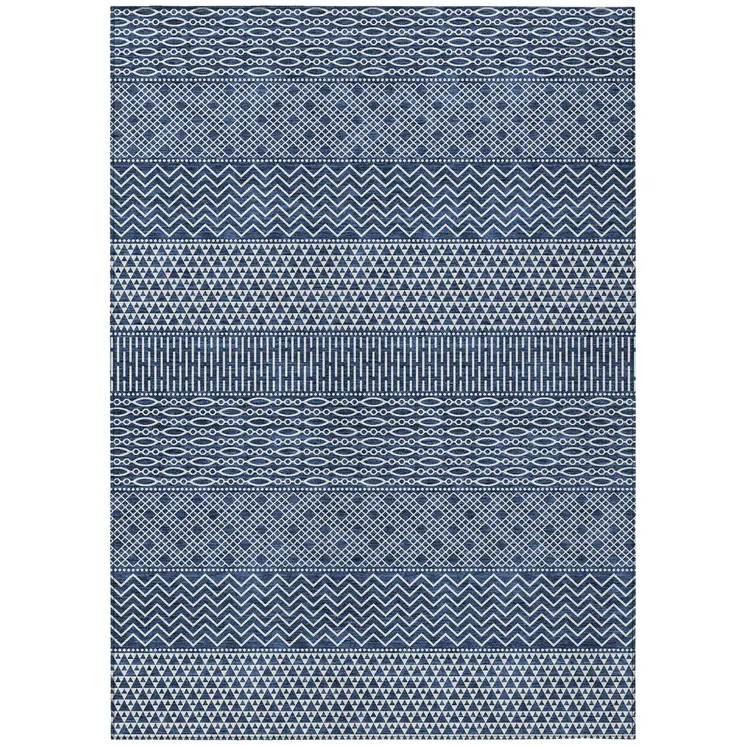 10' X 14' Navy Blue And Ivory Chevron Washable Indoor Outdoor Area Rug