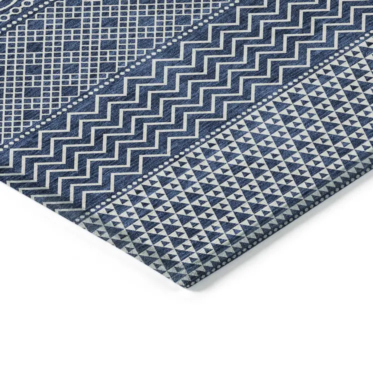 10' X 14' Navy Blue And Ivory Chevron Washable Indoor Outdoor Area Rug