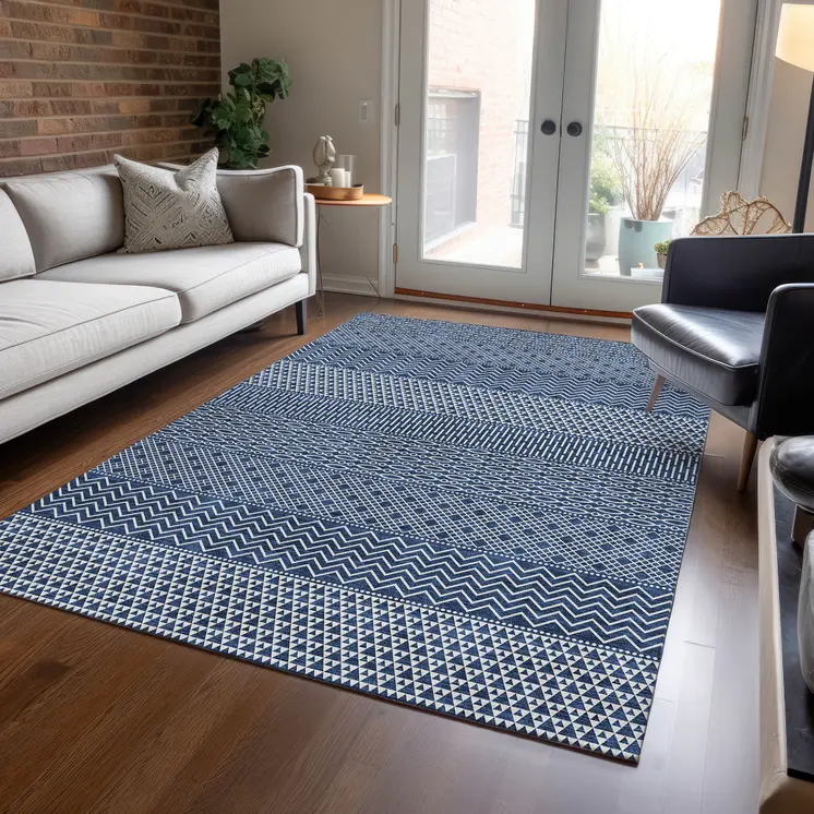 10' X 14' Navy Blue And Ivory Chevron Washable Indoor Outdoor Area Rug