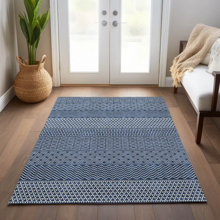 10' X 14' Navy Blue And Ivory Chevron Washable Indoor Outdoor Area Rug