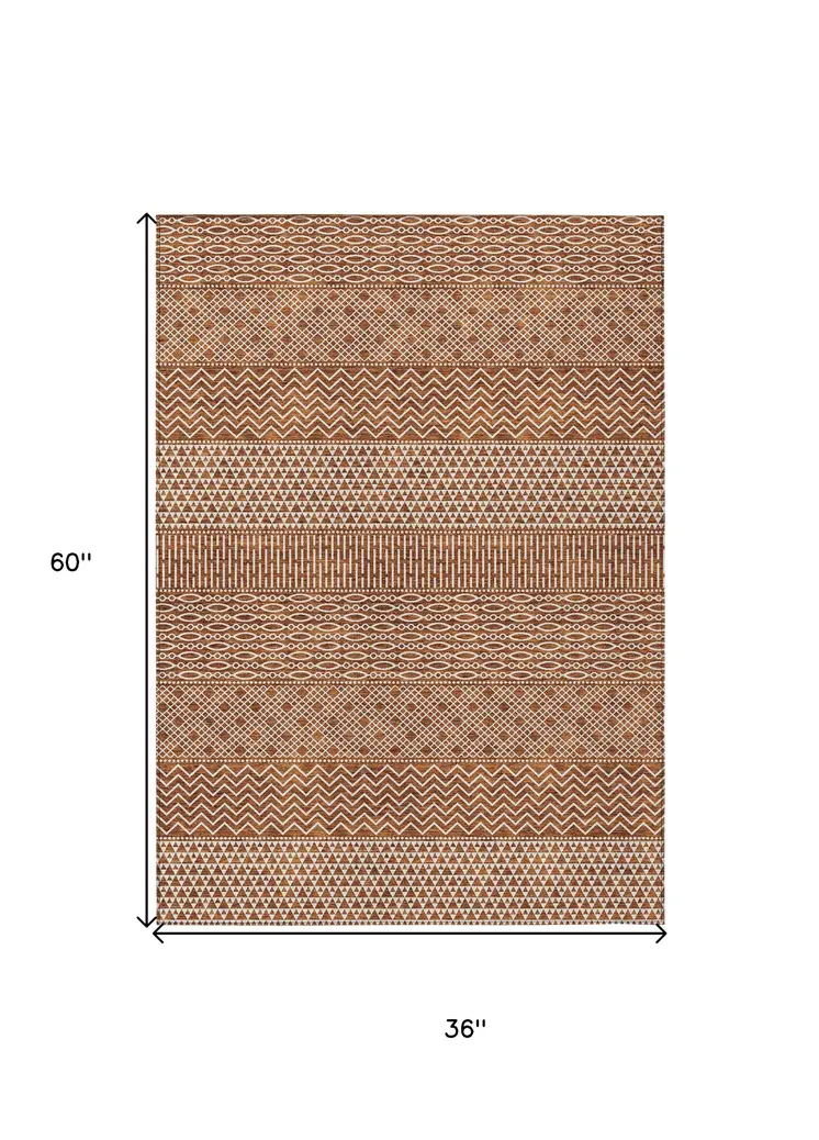 3' X 5' Orange And Ivory Chevron Washable Indoor Outdoor Area Rug