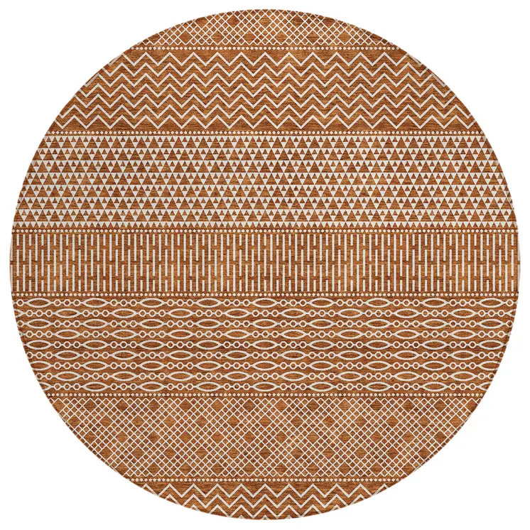 8' Orange And Ivory Round Chevron Washable Indoor Outdoor Area Rug