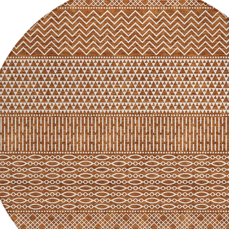 8' Orange And Ivory Round Chevron Washable Indoor Outdoor Area Rug