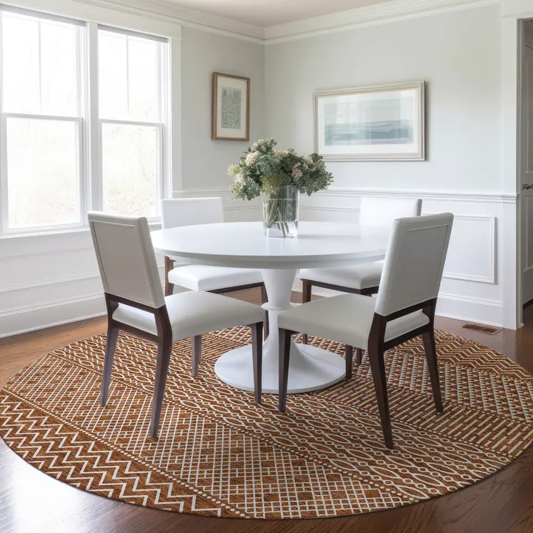 8' Orange And Ivory Round Chevron Washable Indoor Outdoor Area Rug