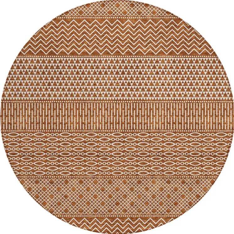 8' Orange And Ivory Round Chevron Washable Indoor Outdoor Area Rug