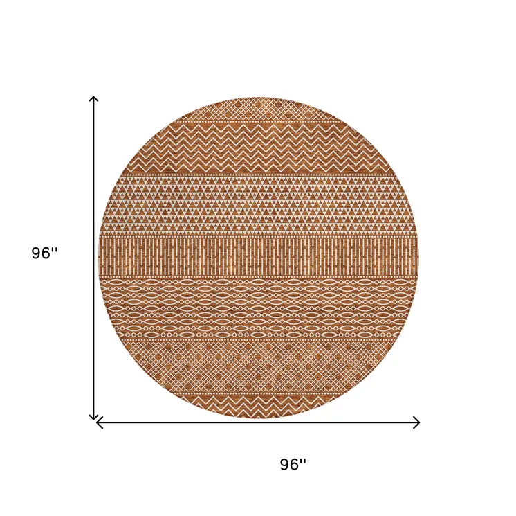 8' Orange And Ivory Round Chevron Washable Indoor Outdoor Area Rug