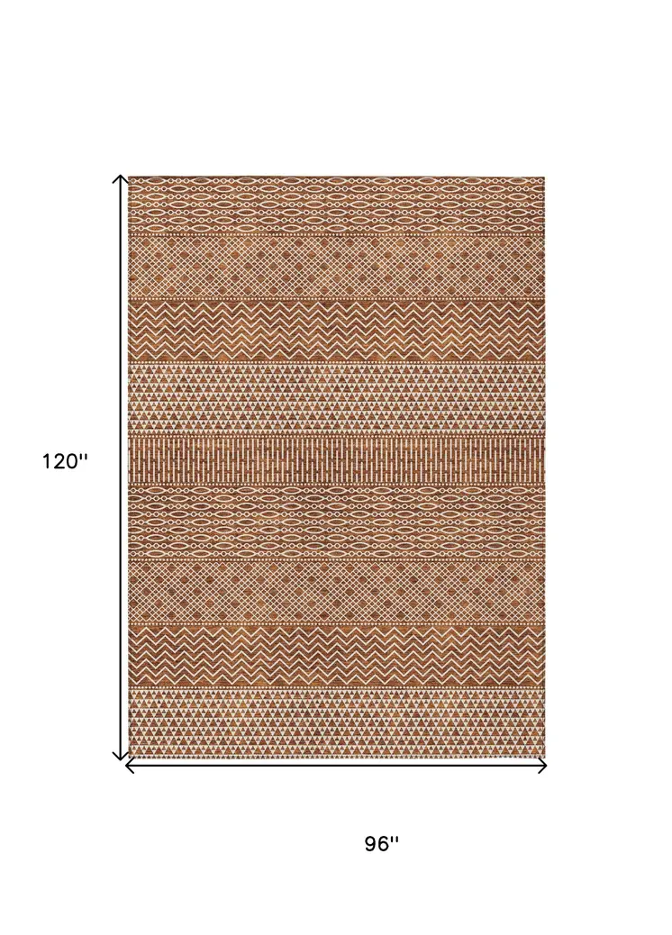 8' X 10' Orange And Ivory Chevron Washable Indoor Outdoor Area Rug