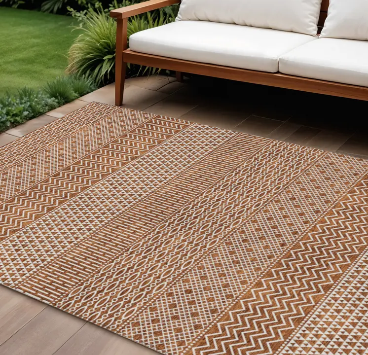 8' X 10' Orange And Ivory Chevron Washable Indoor Outdoor Area Rug