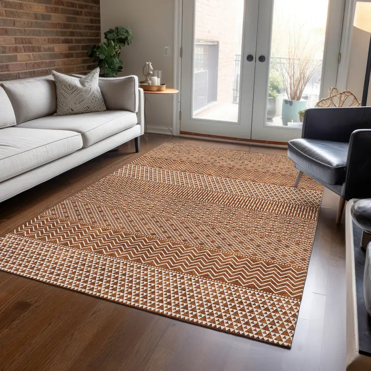 8' X 10' Orange And Ivory Chevron Washable Indoor Outdoor Area Rug