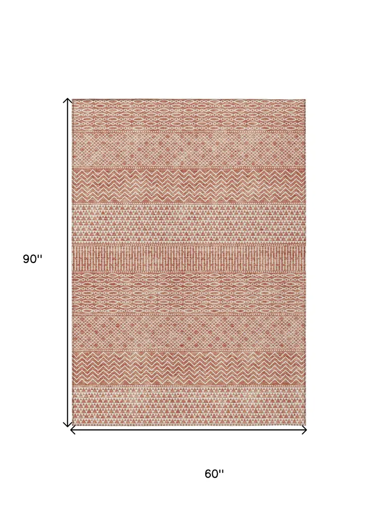 5' X 8' Salmon And Ivory Chevron Washable Indoor Outdoor Area Rug