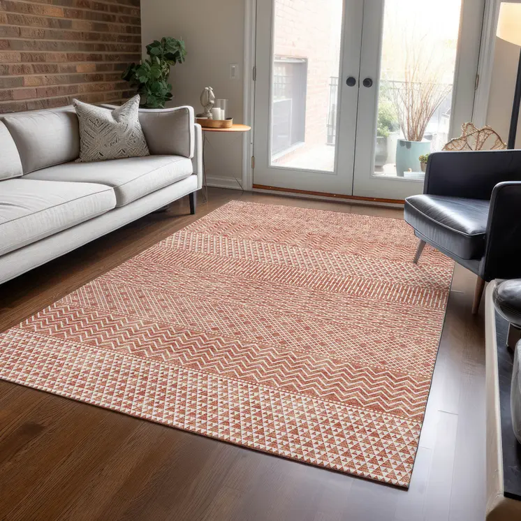 5' X 8' Salmon And Ivory Chevron Washable Indoor Outdoor Area Rug