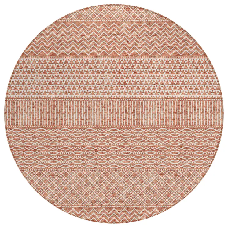 8' Salmon And Ivory Round Chevron Washable Indoor Outdoor Area Rug