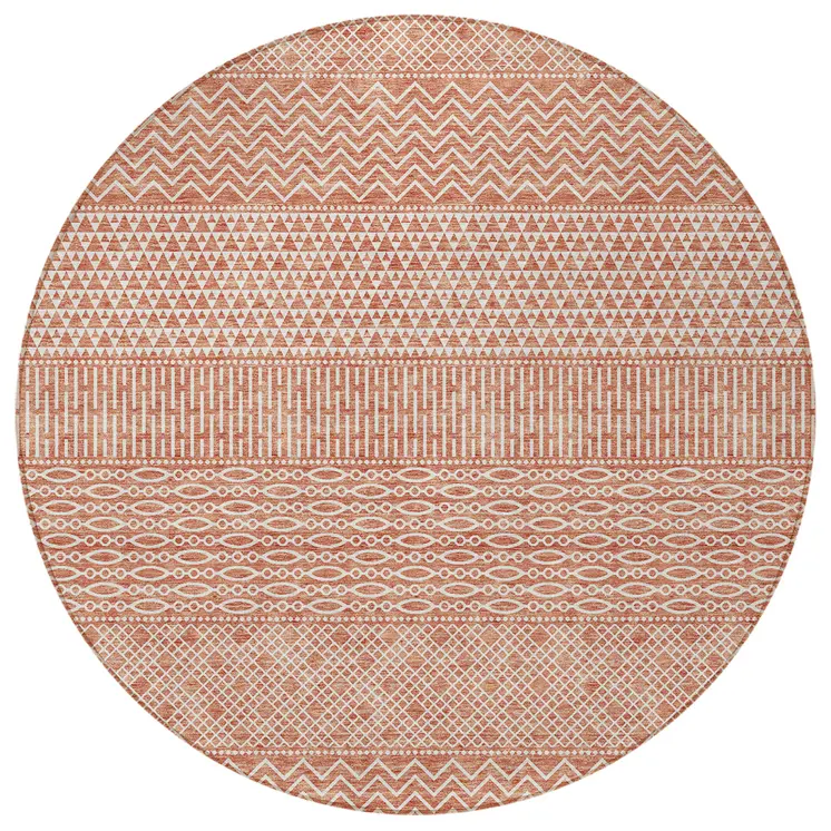 8' Salmon And Ivory Round Chevron Washable Indoor Outdoor Area Rug