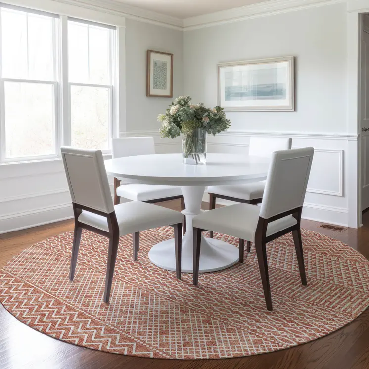 8' Salmon And Ivory Round Chevron Washable Indoor Outdoor Area Rug