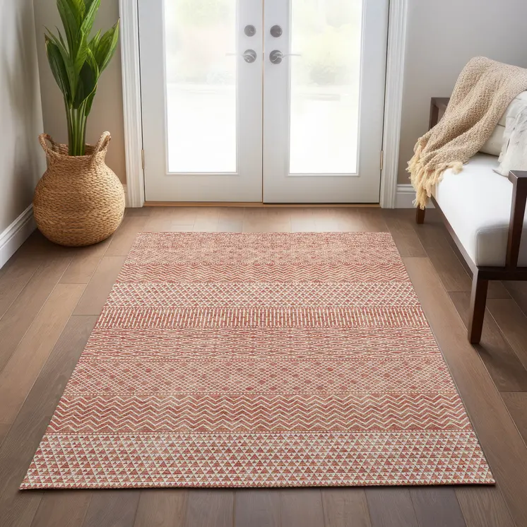 8' X 10' Salmon And Ivory Chevron Washable Indoor Outdoor Area Rug