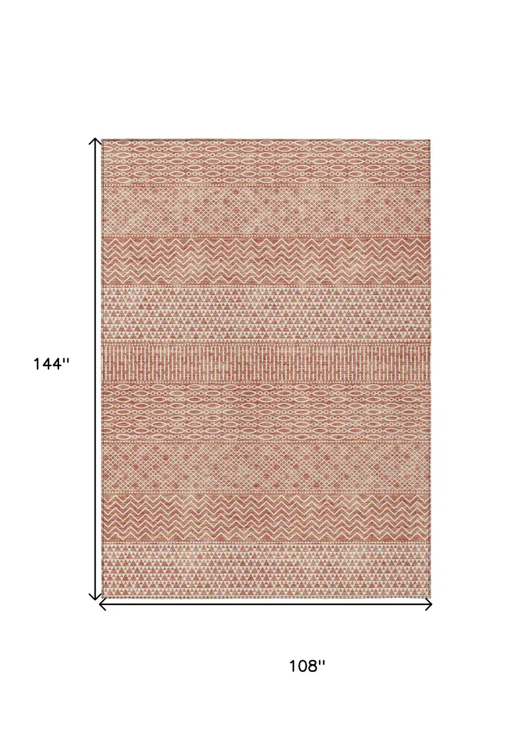 9' X 12' Salmon And Ivory Chevron Washable Indoor Outdoor Area Rug