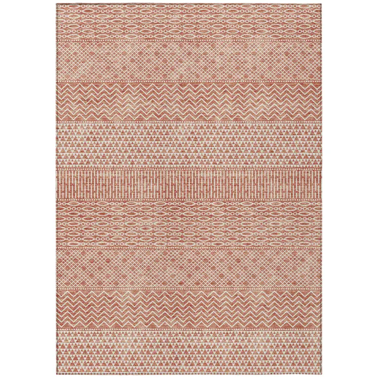 9' X 12' Salmon And Ivory Chevron Washable Indoor Outdoor Area Rug