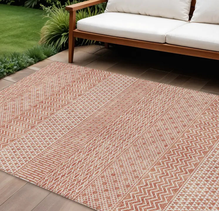 10' X 14' Salmon And Ivory Chevron Washable Indoor Outdoor Area Rug