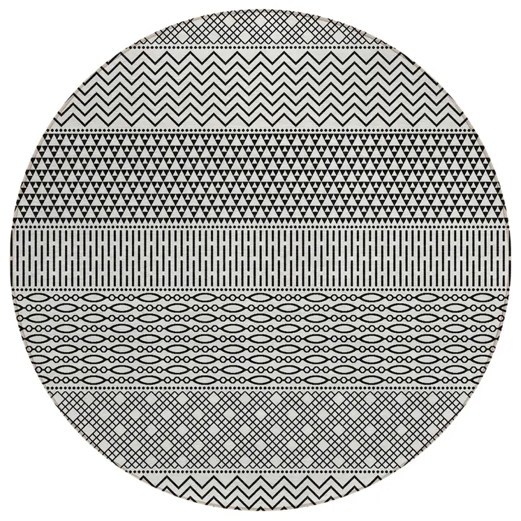 8' White And Black Round Chevron Washable Indoor Outdoor Area Rug