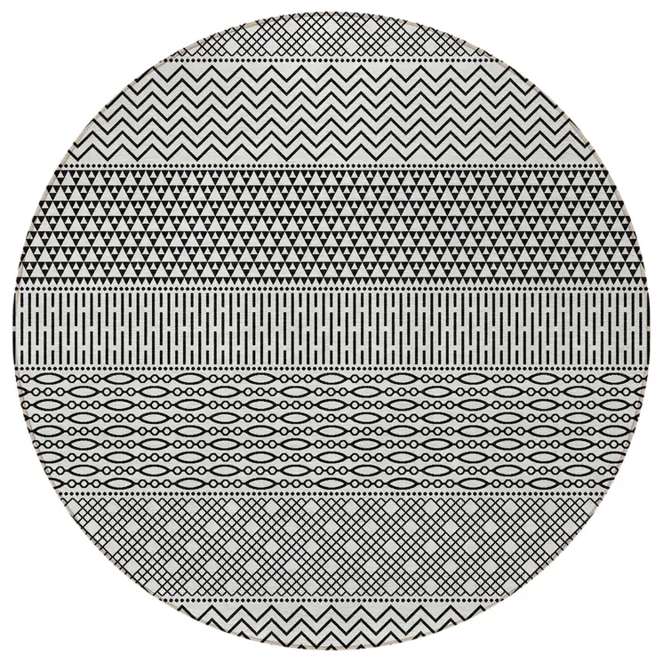 8' White And Black Round Chevron Washable Indoor Outdoor Area Rug