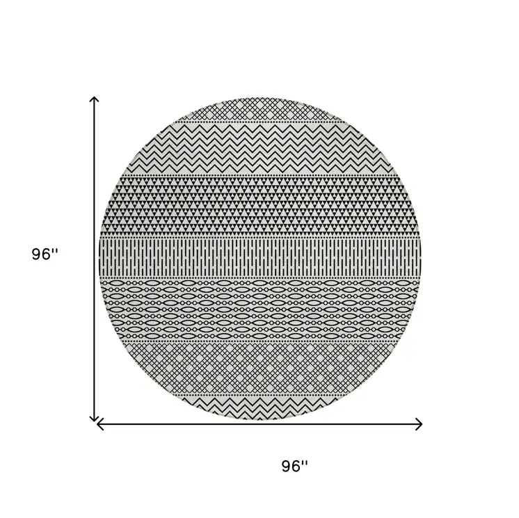 8' White And Black Round Chevron Washable Indoor Outdoor Area Rug