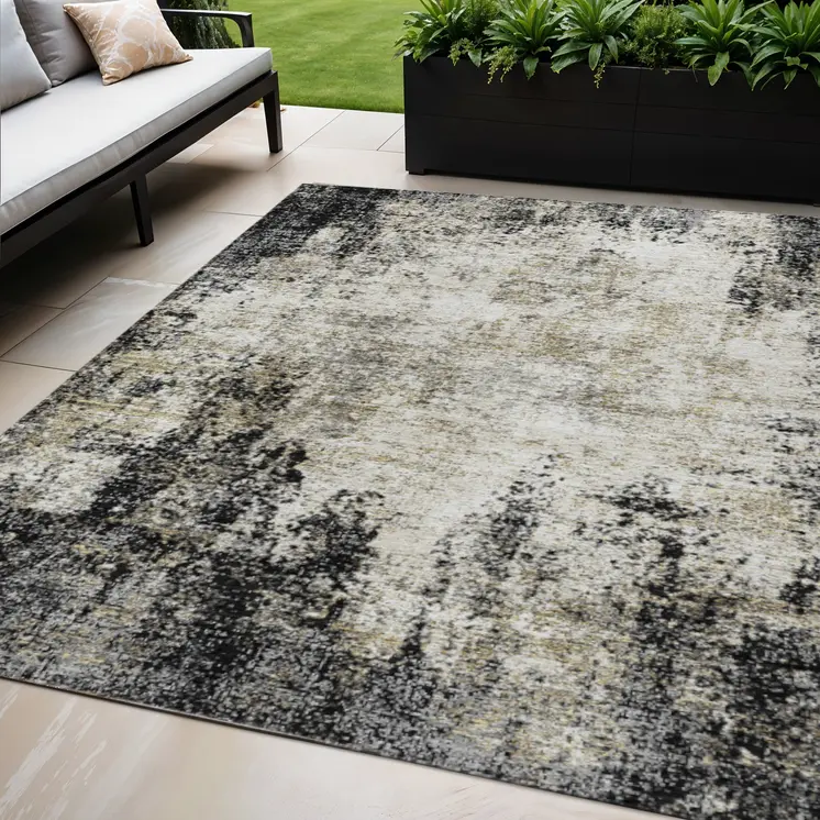 5' X 8' Black Ivory And Beige Abstract Washable Indoor Outdoor Area Rug