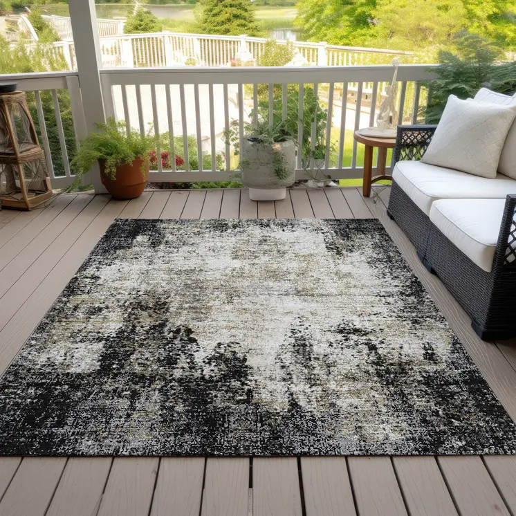 5' X 8' Black Ivory And Beige Abstract Washable Indoor Outdoor Area Rug