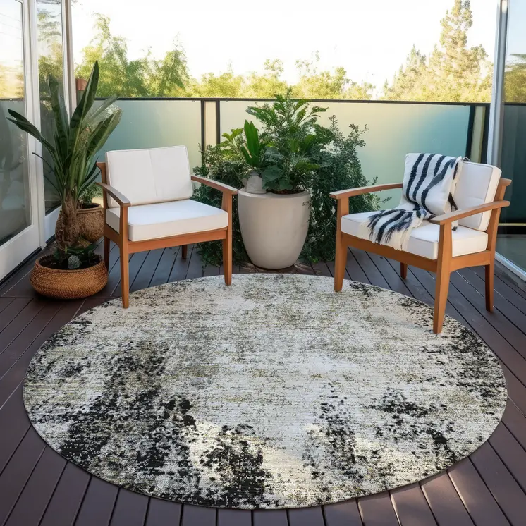 8' Black Ivory And Beige Round Abstract Washable Indoor Outdoor Area Rug