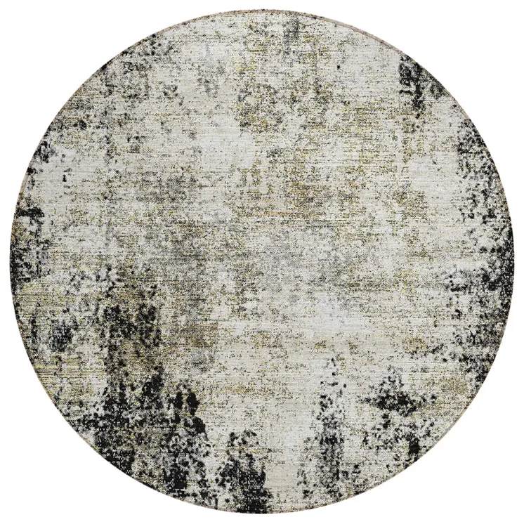 8' Black Ivory And Beige Round Abstract Washable Indoor Outdoor Area Rug