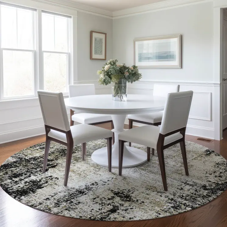 8' Black Ivory And Beige Round Abstract Washable Indoor Outdoor Area Rug