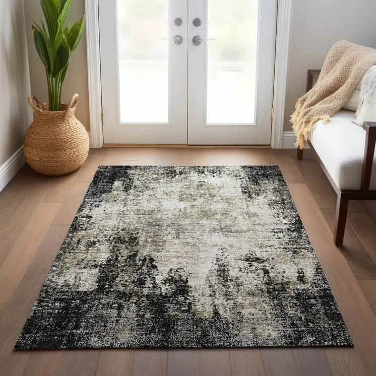 8' X 10' Black Ivory And Beige Abstract Washable Indoor Outdoor Area Rug