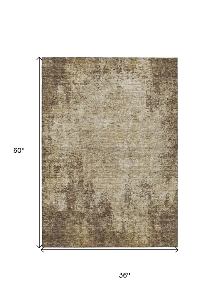 3' X 5' Brown And Beige Abstract Washable Indoor Outdoor Area Rug