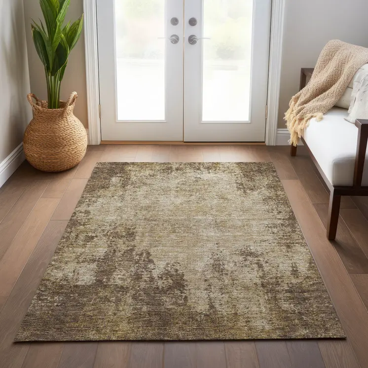 9' X 12' Brown And Beige Abstract Washable Indoor Outdoor Area Rug