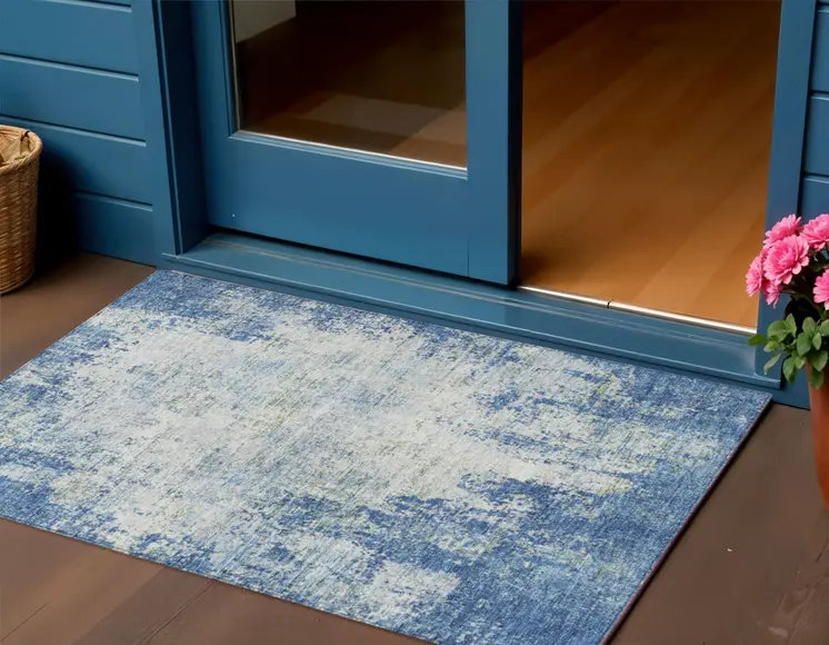 3' X 5' Denim Blue And Ivory Abstract Washable Indoor Outdoor Area Rug