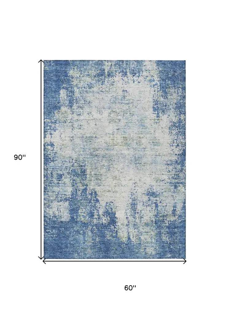 5' X 8' Denim Blue And Ivory Abstract Washable Indoor Outdoor Area Rug