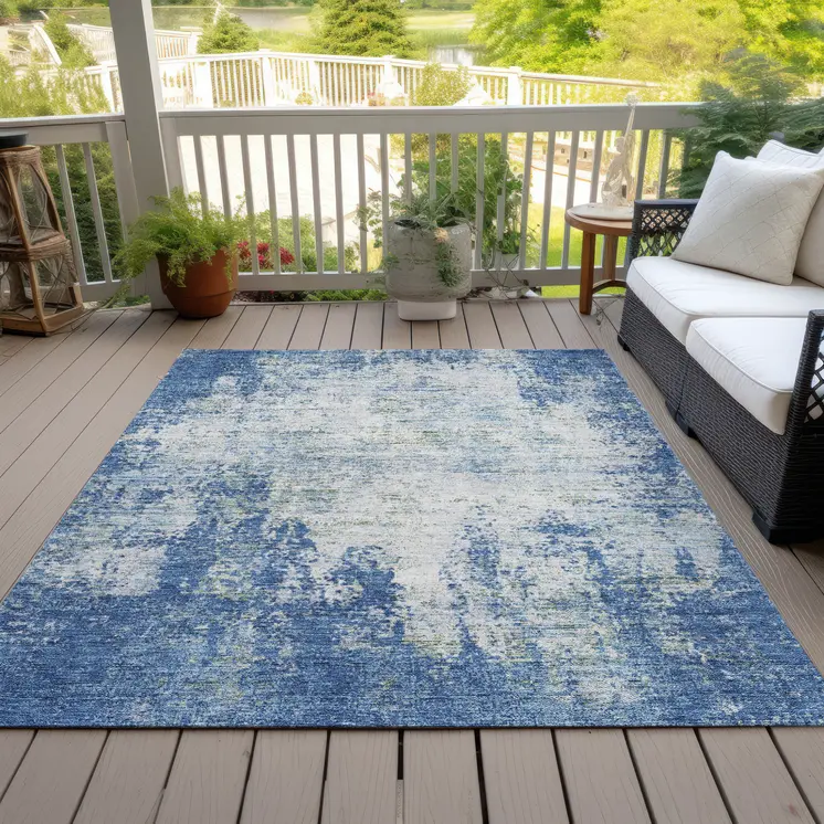 5' X 8' Denim Blue And Ivory Abstract Washable Indoor Outdoor Area Rug