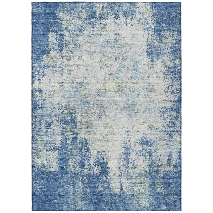 5' X 8' Denim Blue And Ivory Abstract Washable Indoor Outdoor Area Rug