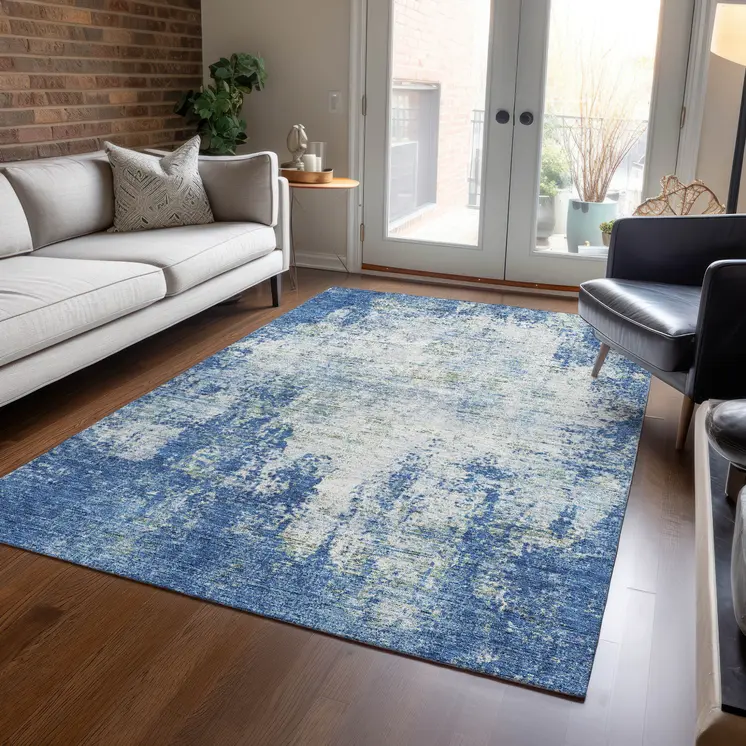 5' X 8' Denim Blue And Ivory Abstract Washable Indoor Outdoor Area Rug