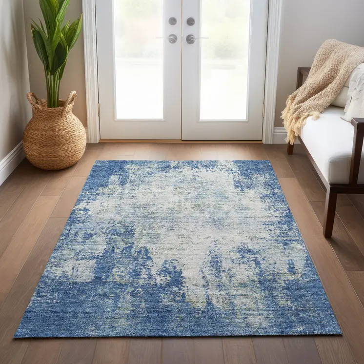 5' X 8' Denim Blue And Ivory Abstract Washable Indoor Outdoor Area Rug