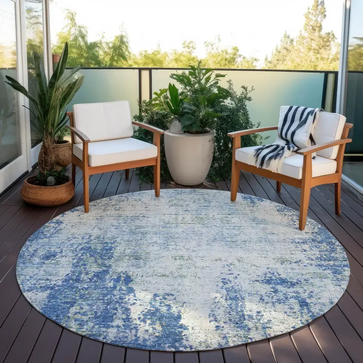 8' Denim Blue And Ivory Round Abstract Washable Indoor Outdoor Area Rug