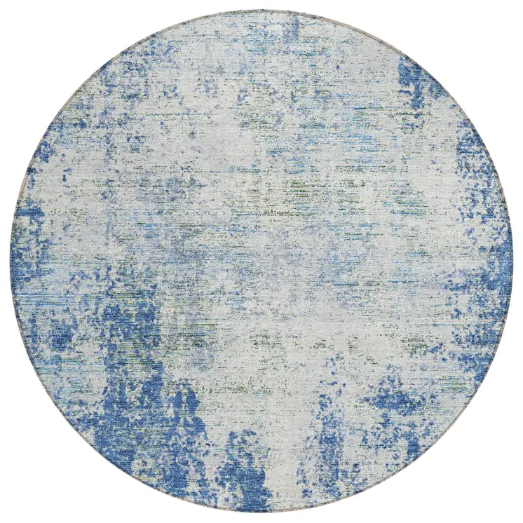 8' Denim Blue And Ivory Round Abstract Washable Indoor Outdoor Area Rug