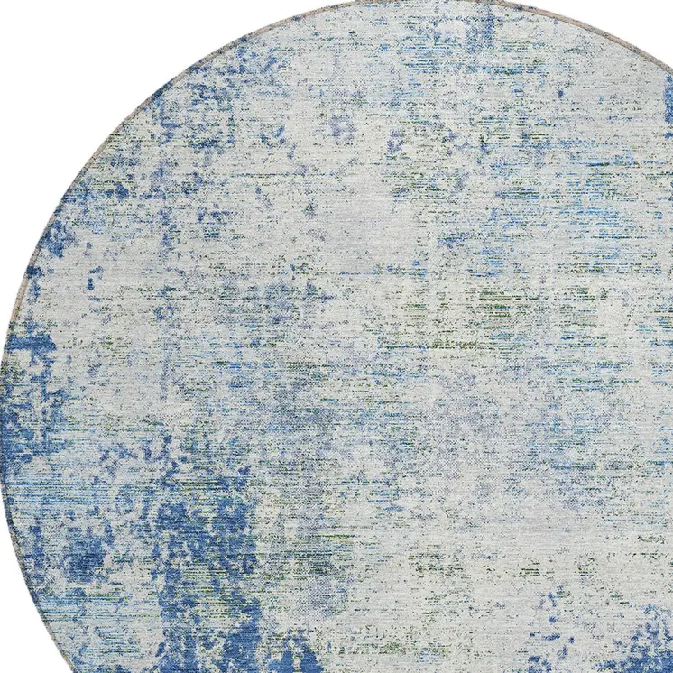 8' Denim Blue And Ivory Round Abstract Washable Indoor Outdoor Area Rug