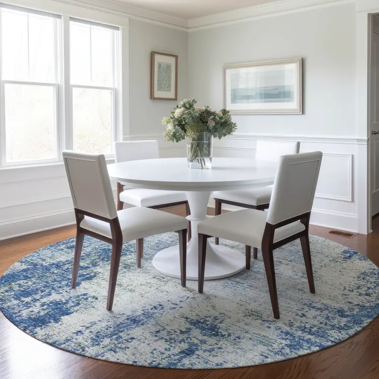 8' Denim Blue And Ivory Round Abstract Washable Indoor Outdoor Area Rug